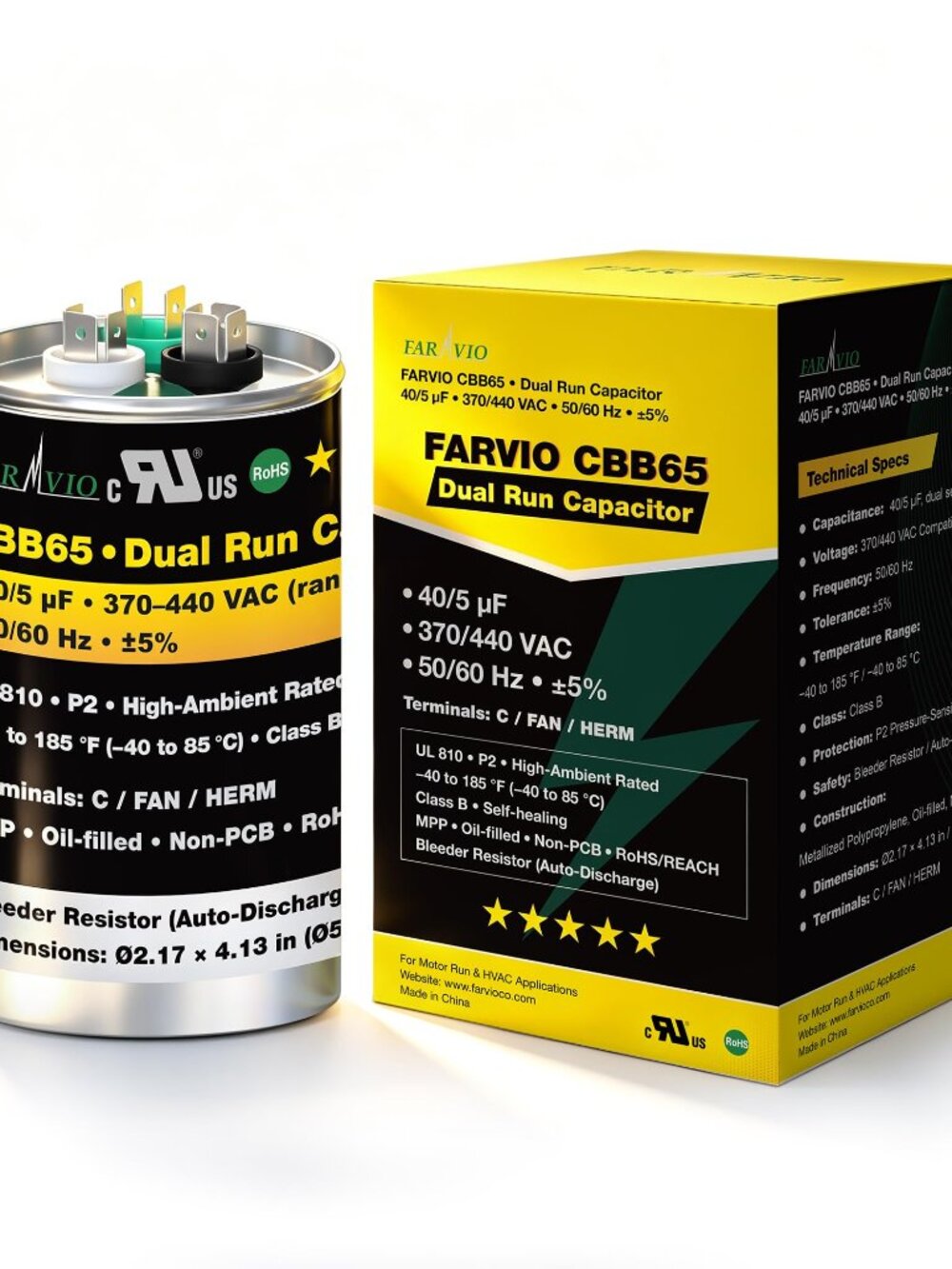 NEW CBB65B-AC-Capacitor 40 / 5 F 370 / 440V Dual Run For HVAC Fan Start Heat and